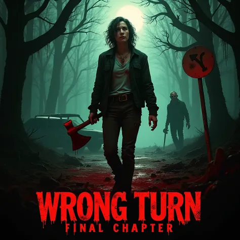 Concept for the "Wrong Turn: Final Chapter (2025)" Poster
Genre: Horror, survival thriller.
Main Color Tone: Dark crimson red (symbolizing blood and violence) blended with shadowy black and eerie forest green (for a haunting, isolated atmosphere).
Main Cha...