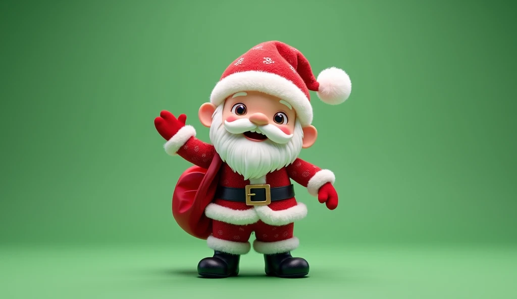 A young Santa Claus in a cute chibi style, waving his hand with a red gift bag slung over his shoulder. Green Screen backgroud.