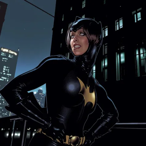 AdamHughesStyle, Batgirl, bodysuit, superhero, dramatic lighting, night, city landscape, looking at viewer, holding belt