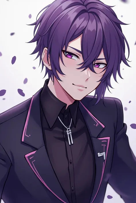 Rafayel from game character LOVE and DEEPSPACE....purple eyes, purple short hair, pout.make a certificate format using his picture...manhwa style.. full body.. mature face.... serious looking adult man