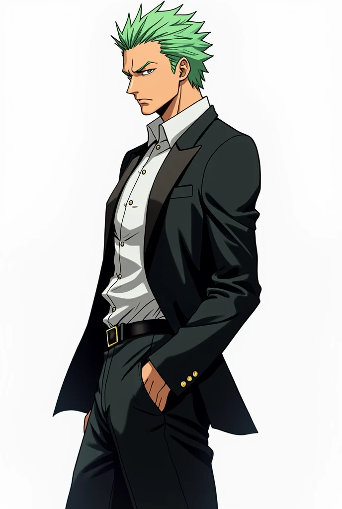 detailed manga, anime style zoro from one piece
looking away in a black tuxedo. view white background 