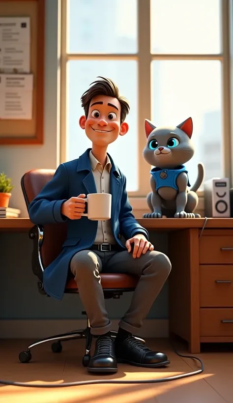 "A male human detective named Mike, age 35, wearing a blue trench coat, gray pants, and black shoes, sitting in his brightly lit office, holding a cup of coffee and smiling. Bolt, a 16-year-old gray robot cat with glowing blue eyes, wearing a blue-themed v...