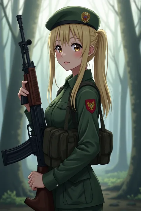  Anime girl in military uniform of the Russian Federation ,  lighting with realistic detail .  She stands against the background of a dense forest , filled with fog ,  in a confident fighting pose . She has a slender figure.,  long blond hair,  gathered in...