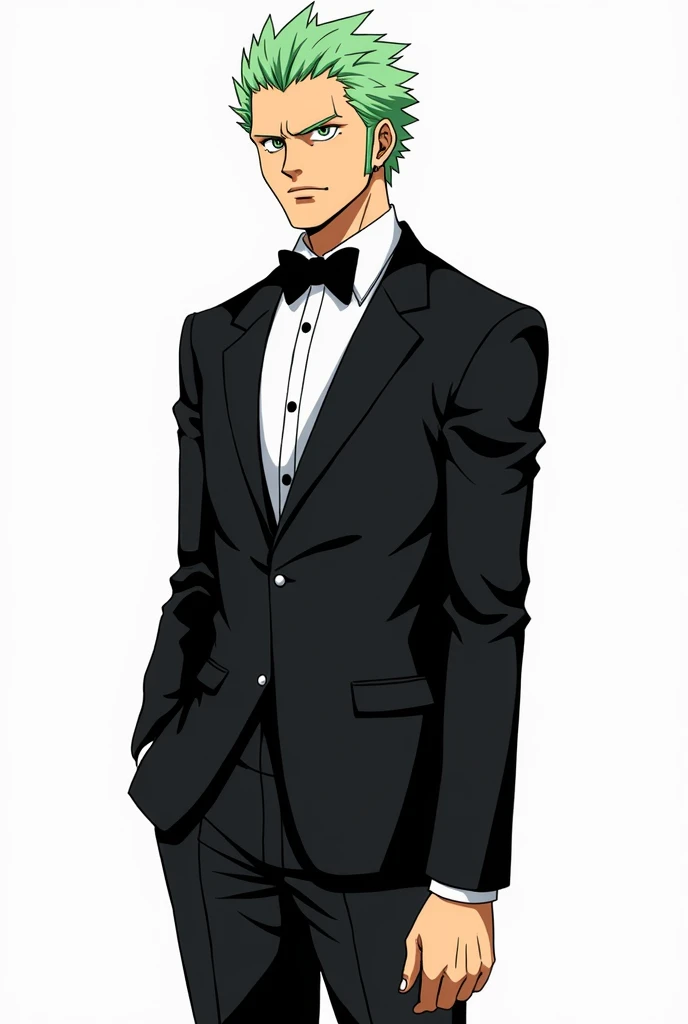 detailed manga, anime style zoro from one piece
looking away in a black tuxedo. view white background 