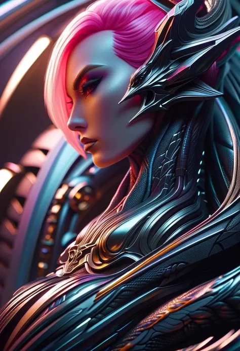 Cyberpunk l close up pink haired female with a black dragon next to her, portrait, clear sharp focus, featuring a dark and eerie atmosphere hyper realistic, 8K professional photography art, photorealistic masterpiece: by aaron horkey and jeremy mann: intri...