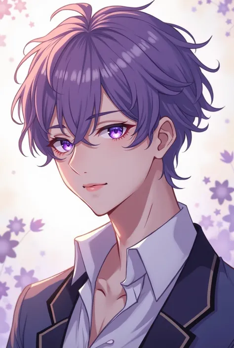 Rafayel from game character LOVE and DEEPSPACE....purple eyes, purple short hair, pout.make a certificate format using his picture...manhwa style.. full body.. mature face.... soft looking adult man