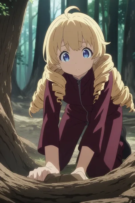 upper body, a girl, blonde, long hair, drill hair, ahoge, blue eyes, slant eyes, narrow eyes, hopeful, maroon sportswear long pants, maroon sportswear, Black platform boots, on all fours, forest, A tunnel made of tree roots background, anime, illustration,...