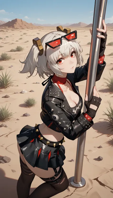  1girl,One,_ZZZ,  Short hair,  short double tails,   hair ornament,  sunglasses ,  on the head , very sexy, in the desert, nasheste ,  revealing underwear, next to the pole , buttocks,  sexy pose,  ulybka,  correct anatomy 1.1., detailed hands, fingers in ...