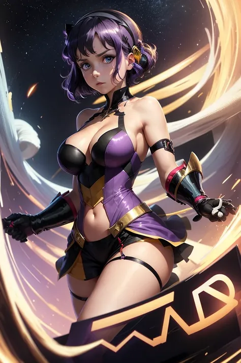 some artwork of a girl wearing a fancy dress, blue eyes and purple hair, 1girl, solo, looking at viewer, black hair, collarbone, hairband, closed mouth, short hair, breasts, blue eyes, dress, bangs, upper body, cleavage