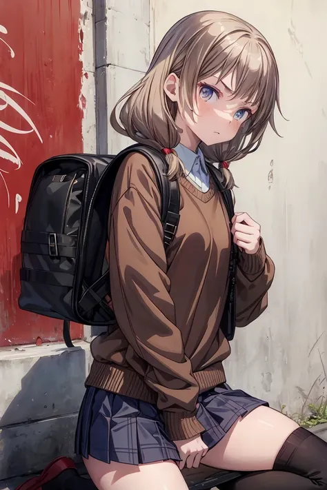 Prompt: Prompt: {(masterpiece), best quality, expressive eyes, perfect face, detailed guns, angry look, 1girl, (Chinese teen),backpack , (()), low ready, schoolgirl, school uniform, long brown hair, brown sweater, knee high socks, empty eyes, blood on face...