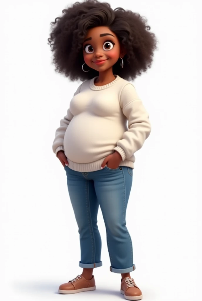  Please create a PNG image of a realistic high-resolution cartoon human curved body black woman . She has jeans and a white sweater , 평평한 흰색 신발을 착용하고 있으며 금색 반지와 금색 체인을 Please create a PNG image of a realistic high-resolution cartoon human curved body black...