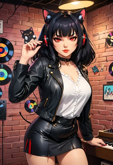  score_9,  score_8_above,  score_8, 1 girl, mature female, Alone, junkotvvxl, black hlong hair ,  straight bangs , large headphones ,cat ears, red eyes,source_animated, mini leather skirt,  thick thighs,  wide hips , casual black clothes,white blouse, bras...