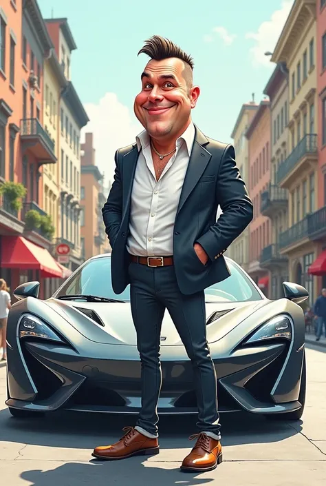 Create a color caricature in pencil style with realistic shadows, which depicts a funny statuesque man. he is rich, in a jacket and with a good haircut, standing and smiling near a sports car. the background is a city street. the character is white. The ca...