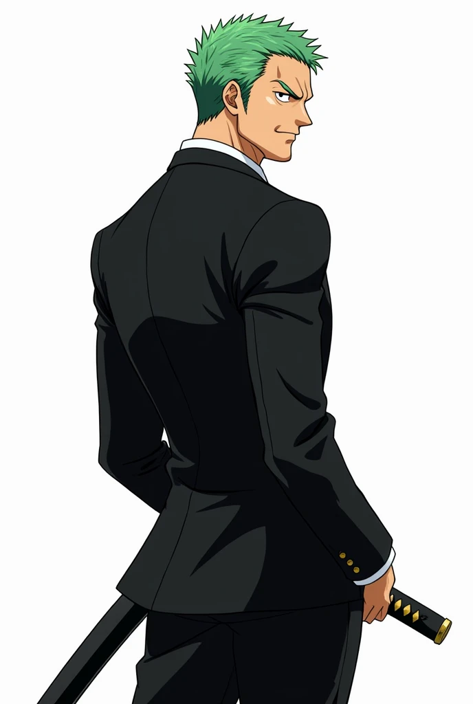 detailed manga, anime style zoro from one piece
looking away in a black tuxedo. view white background holding sheath katana