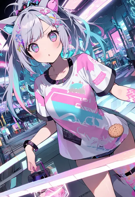  one girl, Decora,     dynamic angle, Breathtaking, the above, distance law  ,       , Funny article factory logo on t-shirt,  Cat ears , gray hair, ponytail     , Cybergoth-inspi   , cutetech,    Biscuits   ,  pastel colors    , cute, cute色, SF , cute,  c...