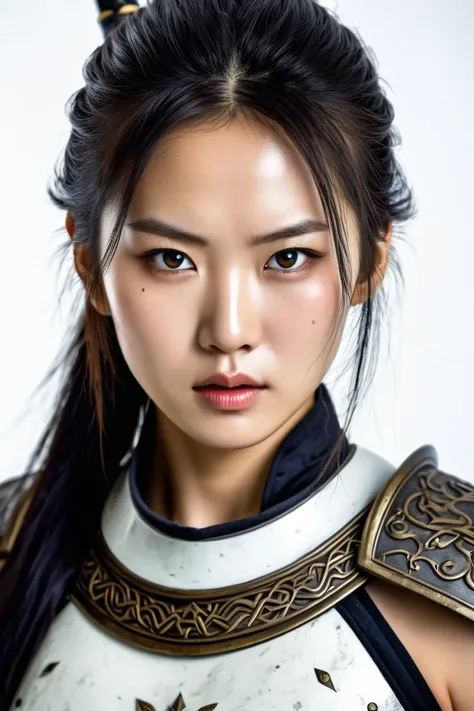 an incredible terrifying warrior, (High, HDR:1.2), 1girl,pretty female,face,asian look, no make up, font view, white background