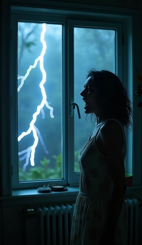 A sudden lightning strike illuminates the scene. Sanidhya is shown screaming in terror, her face frozen in shock. Her window is wide open, and the light from the lightning highlights the terrifying presence of the woman outside. The entire scene feels chao...