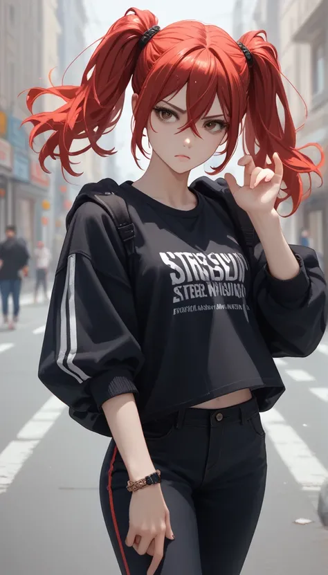 Put one hand on your lower back ,Black Street Fashion, 1 girl, Red Hair, Brown Eyes, Hair Between Eyes, Twintails, Action Figure,