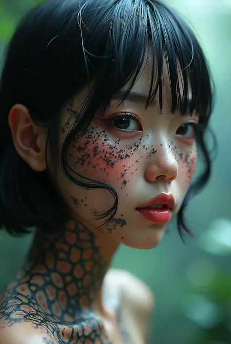 very cute girl, (lotus hole collage), ((grotesque skin caused by trypophobia))), flashy makeup, ((Japanese, bitch, brat, short hair, slender, smiling gal, slender body)), ((face and whole body skin caused by trypophobia) )), erotic gal who loves sex, orgas...