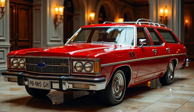 a luxurious old vintage Ford Country Squire station wagon,red color, detailed exterior, front side view, in a high-end showroom, glossy reflective paint, chrome trim, intricate details, photorealistic, 8k, high quality, highly detailed, hyper realistic, dr...