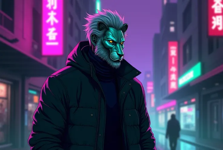 One slim man、cyberhelmet、Silver Hair、Lion-like mask、A dark city with purple and green neon lights、whole body、1990s, (Flat Color, Flat texture, Line art:1.2), graphic design, (Dark Ink, Ink Black), 