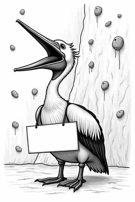  An empty sign hangs around the pelicans neck,  The pelican is opening its mouth wide , A pelican is standing in front of a wall ,  The wall is an indoor climbing rock wall , Simple illustration , Black and white, Picture for T-shirts 