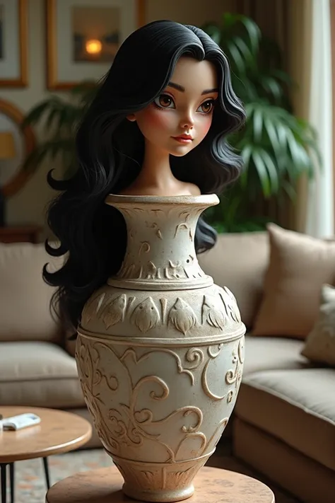 A beautiful Latin woman with long hair was transformed into a ceramics vase by an artist and placed in the living room