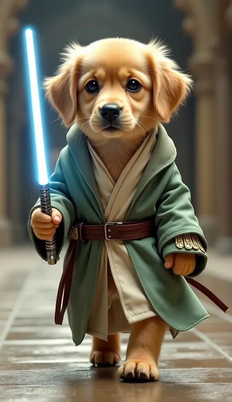 Jedi Knight Style
Main Subject: Chibi anthropomorphic Golden Retriever puppy with disproportionately large head, massive expressive eyes, wearing flowing sage green Jedi robes with elegant cosmic embroidery, light tan inner tunic, soft leather padawan belt...