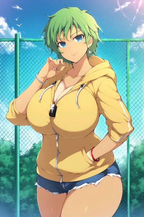 yaegashi nan, senran kagura, senran kagura burst, senran kagura new link,Inazuma 
, ,,  gigantic breasts, gigantic ass, giant thighs,score_9, score_8_up, score_7_up, source anime, standing, hand in pocket, head tilt, looking at viewer, light smile, parted ...