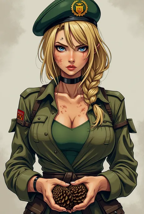  a blonde woman, 26 years old,  dressed in a military uniform ,  with the shirt around the waist , with a green top ,  a military beret ,  a braid and the razored temples ,  many scars and American pine cones on the hands, in a bad mood,  anime style,  Joj...