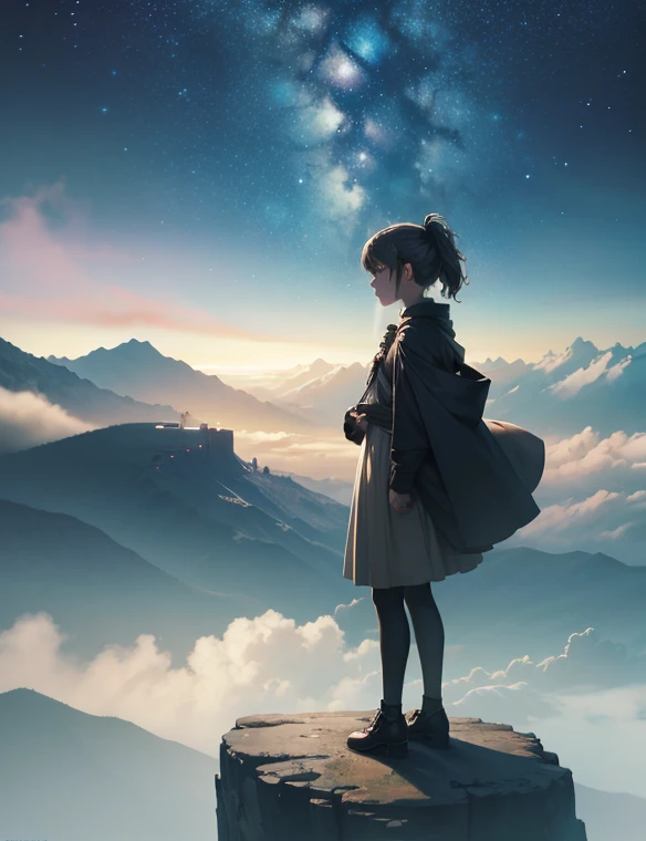 Step into a world of wonder and ethereal beauty, where reality and dreams intertwine. Visualize an awe-inspiring scene - a breathtaking view of a sea of stars, shimmering brilliantly above a blanket of fluffy clouds. In the foreground, a young girl stands ...