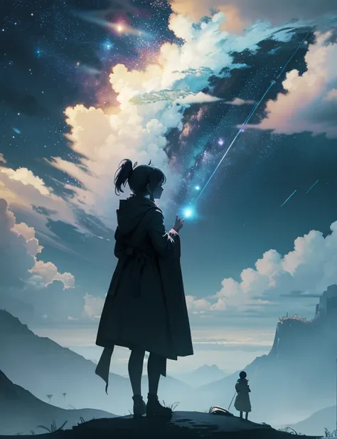 Step into a world of wonder and ethereal beauty, where reality and dreams intertwine. Visualize an awe-inspiring scene - a breathtaking view of a sea of stars, shimmering brilliantly above a blanket of fluffy clouds. In the foreground, a young girl stands ...