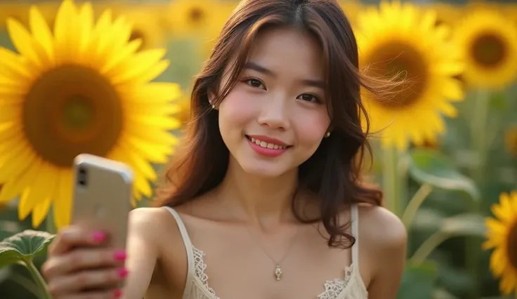  A dreamy, close-up selfie in a sunflower field, focusing tightly on the young thai woman’s face and shoulders. She wears a delicate, lace-trimmed camisole, the fabric lightly textured and soft. Her phone is tilted at an angle, capturing the blurred sunflo...