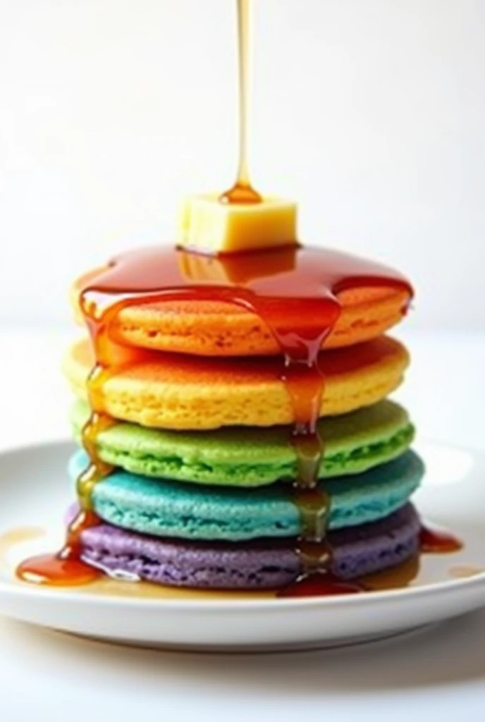 "Generate an image of a colorful stack of rainbow pancakes, each layer representing a different vibrant color in the order of red, orange, yellow, green, blue, and purple. The stack should be topped with a pat of butter and glossy syrup dripping down the s...