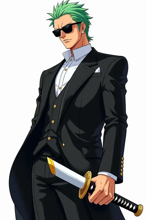 detailed manga, anime style zoro from one piece
looking away with sunglasses a black tuxedo. view white background holding sheath white and gold katana