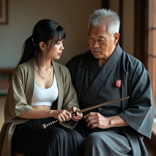 Realistic photo, Thai 14 girl, white tank top cover by unbottom blazer, long black pleate skirt, holding Katana. Sitting near by 40year old man. The man wearing Ohari cover and hakama pants.