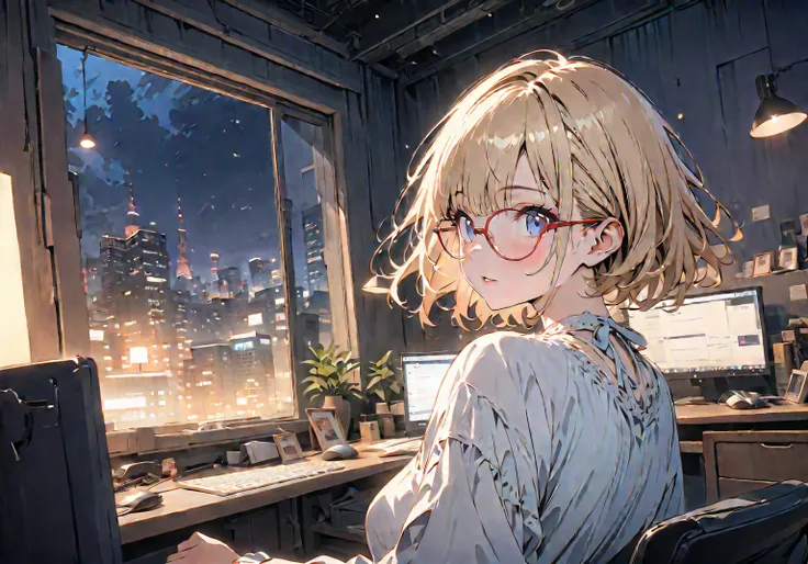  high image quality、Anime、デジタルAnimeアート、Vector art,(  Masterpiece  :1.2)、 High Quality 、 high definition 、 very detailed、( surprisingly wacky :1.2)、Foreign Land、 girl with red glasses、 Night Room 、Night view in the window、 short bob、cute、  white blouse、 bla...