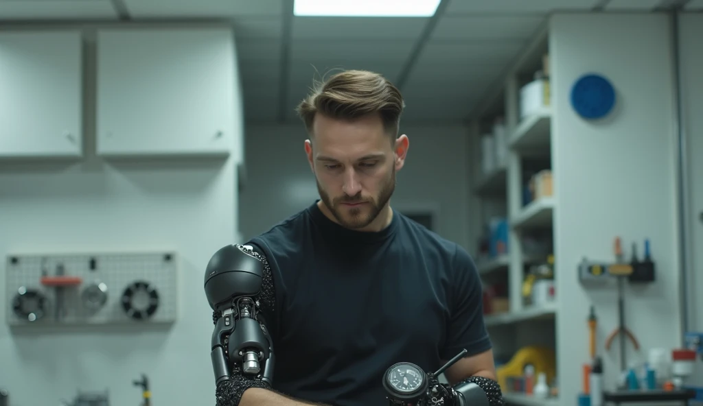 UHD, 320 FPS, highly detailes, high resolution image of a man with robotic arm working on a tool bench table