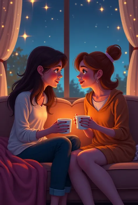 
Two best friends, sitting on a cozy couch with warm tea cups in hand, share a heartfelt conversation about love. One friend, confident and passionate, expresses her views on how love is a journey of self-discovery and patience. The other, shy and introspe...