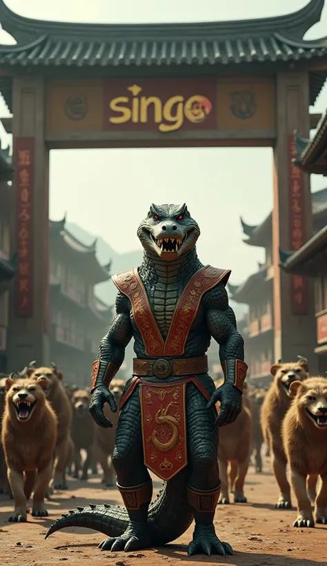 cinematic portrait of the figure of a dashing crocodile monster dressed like a Mortal Kombat entering a village standing under the village entrance with a large sign with the text "SINGO VILLAGE", his presence was unexpected, standing proudly amidst the si...