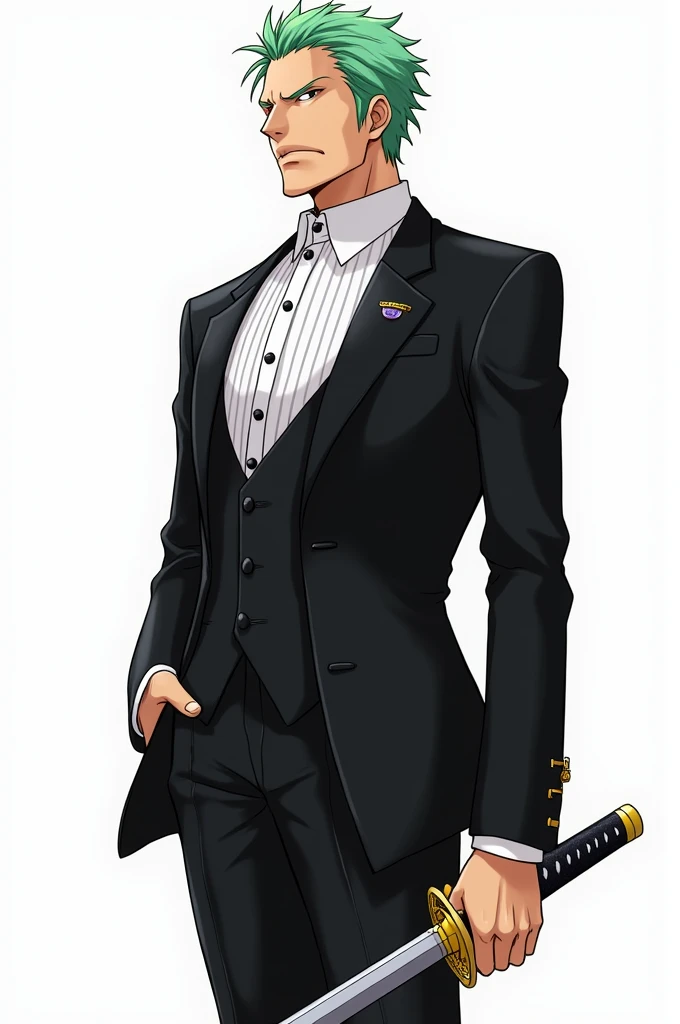 detailed manga, anime style zoro from one piece
looking away in a black tuxedo. view white background holding sheath white and gold katana