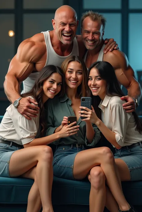 Five friends techno couch selfie, where the angry tall bald pissed off thug dave bautista and Arnold are furious, and they are hugging slim, weak, short laughing bimbos nicola mclean and Lisa Ann and casey batchelor, nice button up clothes style