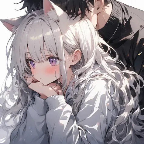   cute girl、  pretty girl、White and long hair、Shiny Hair 、 Cat ear hoodie 、  Beautiful Boy  、 short、 white hair、、 Cat Ears Hoodie Black 、 Tall
Hold your head next to your face
