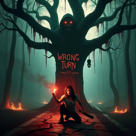 Refined Concept for "Wrong Turn: Final Chapter (2025)" Poster
Main Focus: Survival vs. Doom
Protagonist:
Center of the poster, kneeling on the cracked, blood-soaked ground, gripping a flare in one hand and a machete in the other.
Expression: Wide-eyed fear...