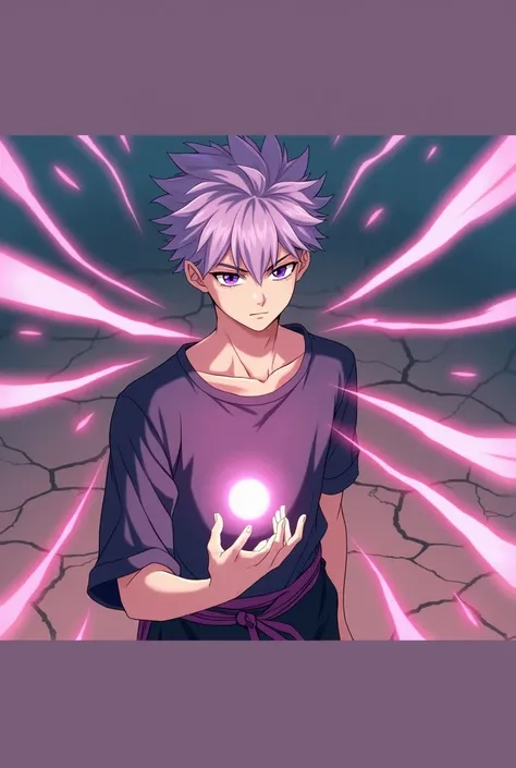 A very tall teenage boy with short spiky violet hair, piercing violet eyes with flowing lightly glowing violet pupils, thin fit male build, dressed in a violet t-shirt, black loose pants with a violet bandage-belt, with a serious look and a calm face, hold...