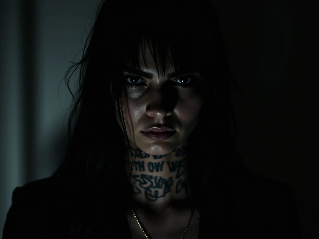 Scene 2: The face of the protagonist in the shadows, with a secret code tattoo on their neck and eyes filled with vengeance.