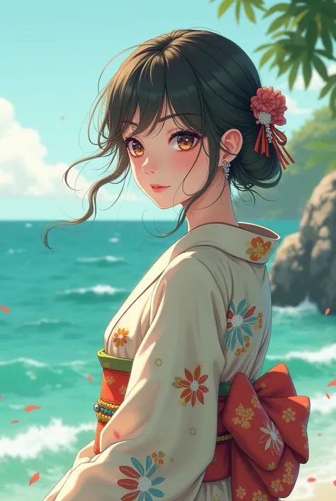 a cute and stylish anime girl in Japanese clothes with green sea in the background and a soft theme overall with a side profile and a gamer logo type 