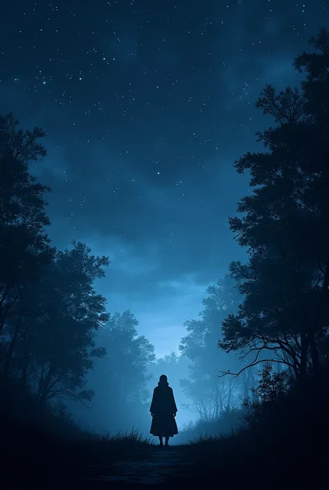 A night sky filled with shimmering stars.
The silhouette of a forbidden forest with light mist drifting through.