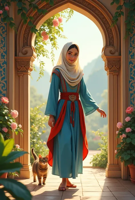 3.12.24
2.09 pm

A young woman wearing hijab dressed in a traditional blue outfit adorned with red accents, peeks playfully from a sunlit doorway. Beside her is a cheerful orange and white cat, both surrounded by a serene, garden-like setting with blossomi...