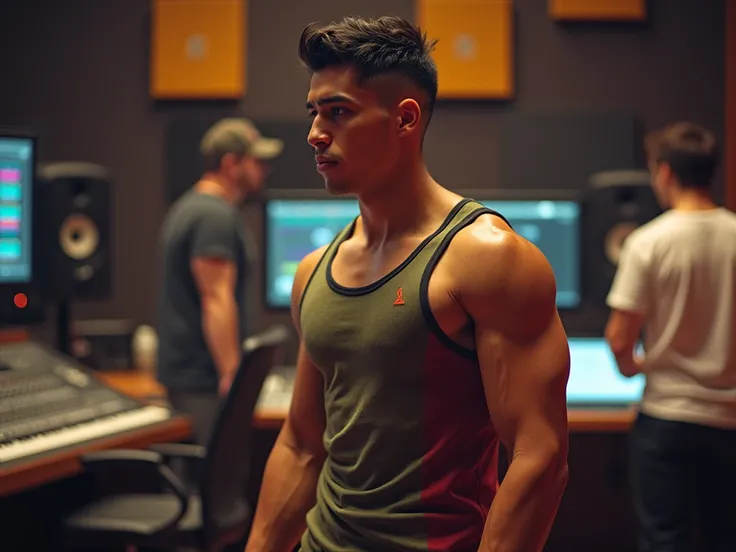 Create an image of a 26-year-old Latino man, athletic body, shoulders and biceps standing out, dressed in a multi-colored tank top, very short black hair, tanned skin tone, moving around an audio editing studio where there are more people but he is the mai...